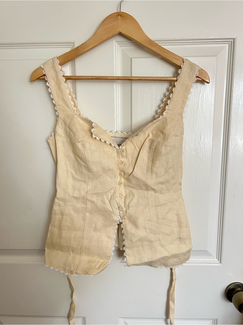 Reformation Linen Button-Front Corset Top in Light Beige with Lace Trim
